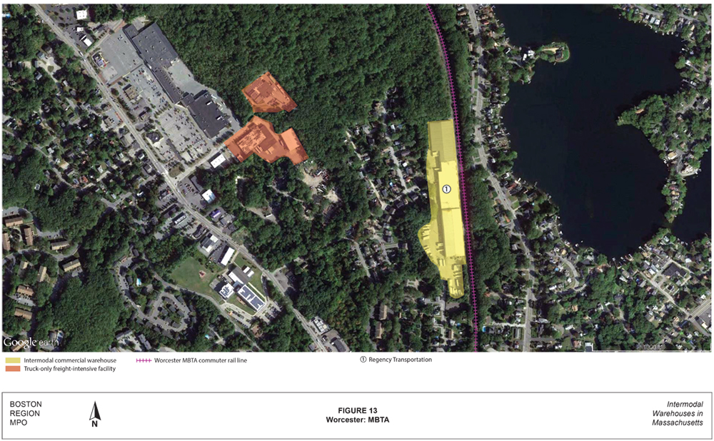 FIGURE 13. Worcester: MBTA
This is an aerial photo of part Worcester highlighting an intermodal warehouse with rail access from the MBTA commuter rail line.
